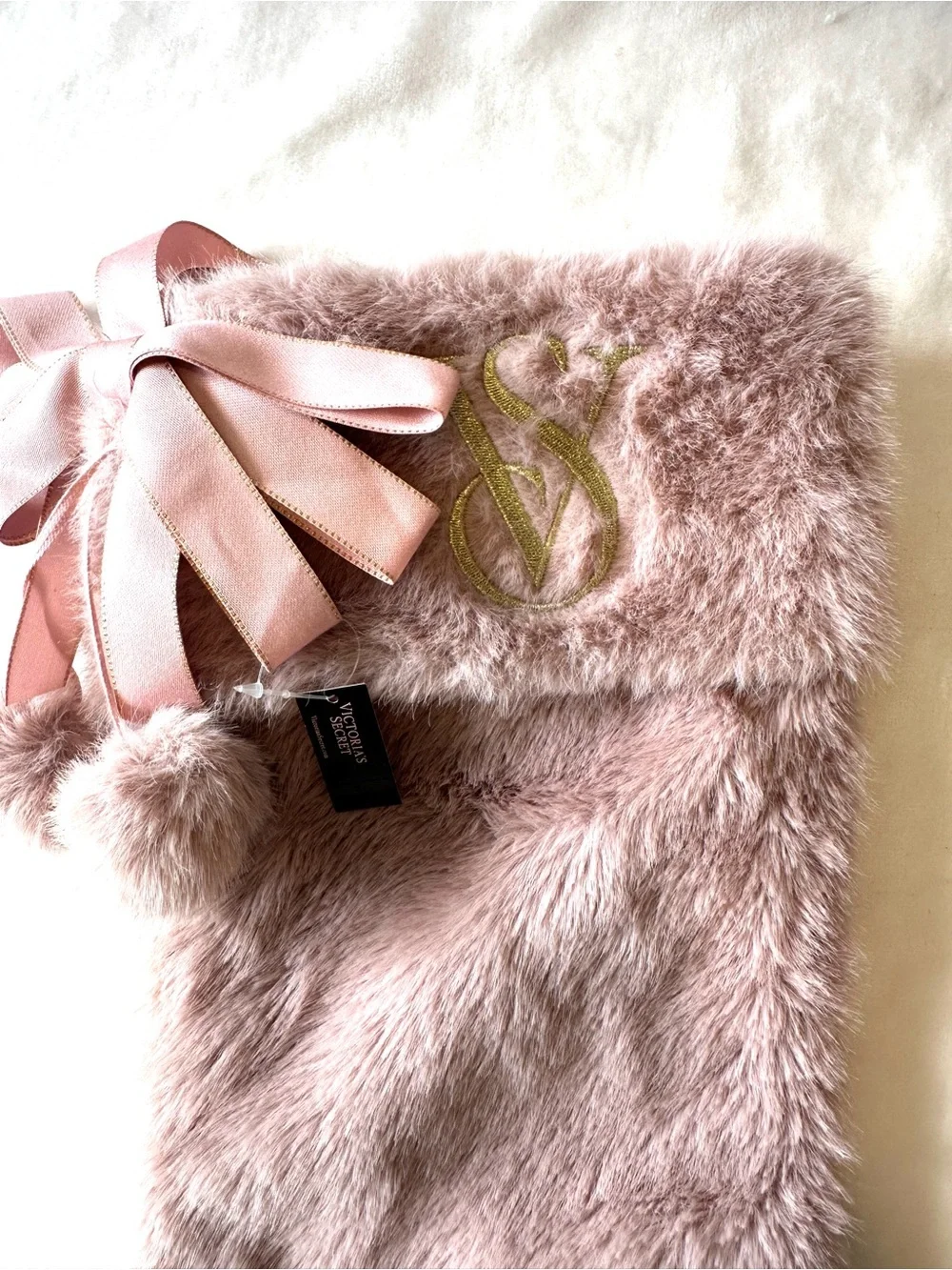 VICTORIA'S SECRET FAUX FUR CHRISTMAS STOCKING BLUSH PINK MAUVE GOLD TRIM NWT